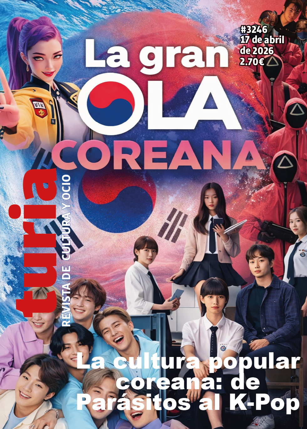 Magazine cover titled 'La gran Ola Coreana', featuring a collage of K-pop fans, students in uniforms, red-warded figures, and the subtitle 'La cultura popular coreana: de Parásitos al K-Pop'