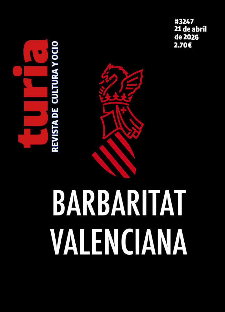Magazine cover: black background with red vertical 'turia' and blue 'REVISTA DE CULTURA Y OCIO', red heraldic figure, and white title 'BARBARITAT VALENCIANA' across the bottom.