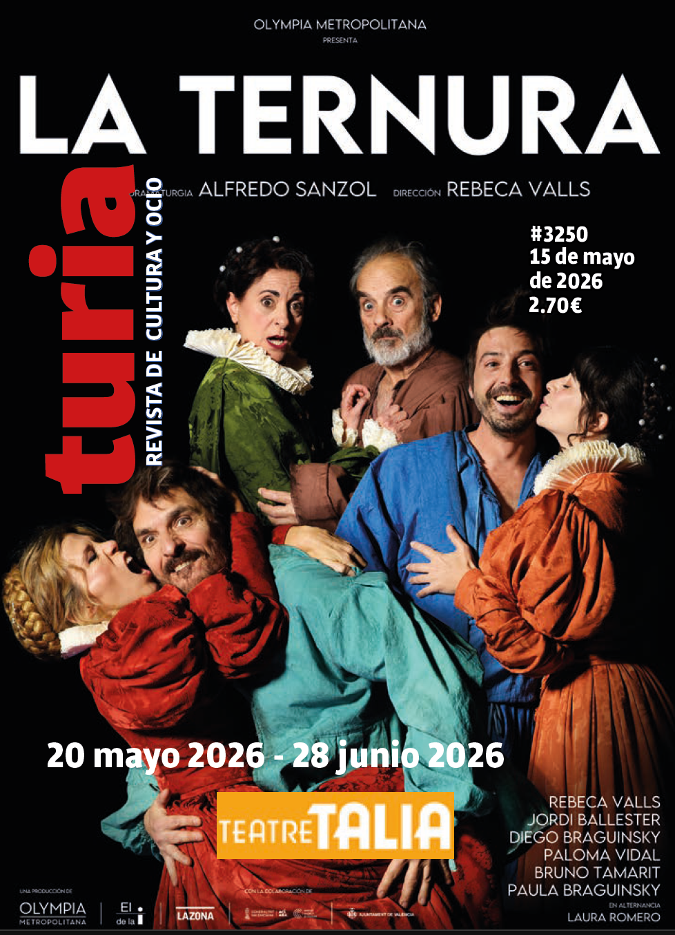 Poster for La Ternura theater show with a group of colorful-costumed actors; dates 20 mayo 2026–28 junio 2026 at Teatre TALIA.