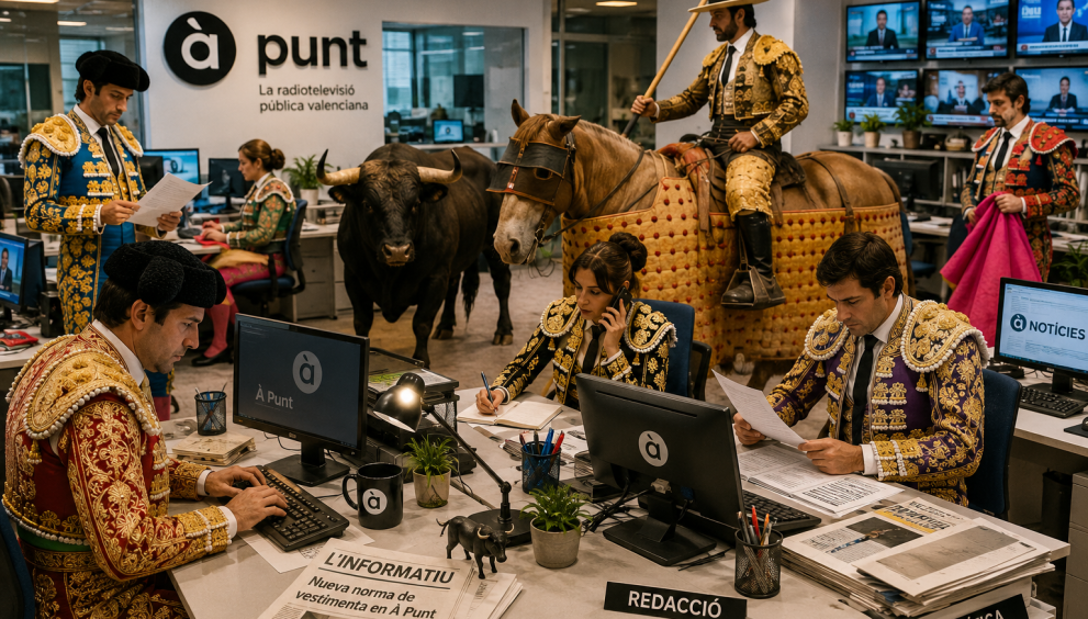 Newsroom staff in ornate bullfighter costumes at desks; a man on a decorated horse and a bull stand near the À Punt sign.