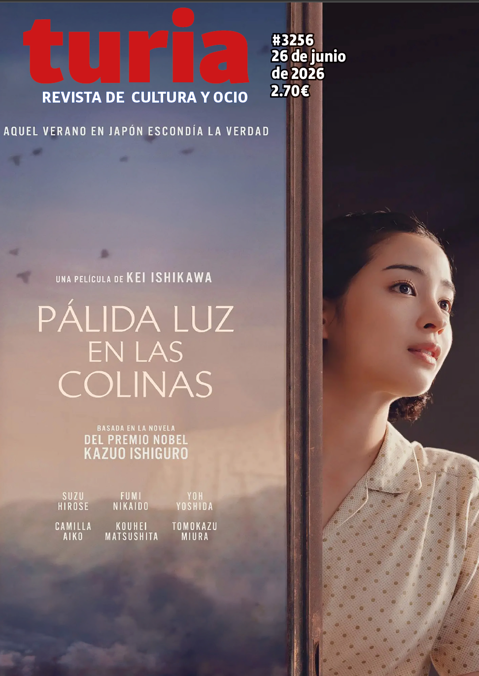 Portada de la revista turia, Cultura y Ocio, con cartel de la película Pálida luz en las colinas y una mujer mirando por una puerta/ventana.