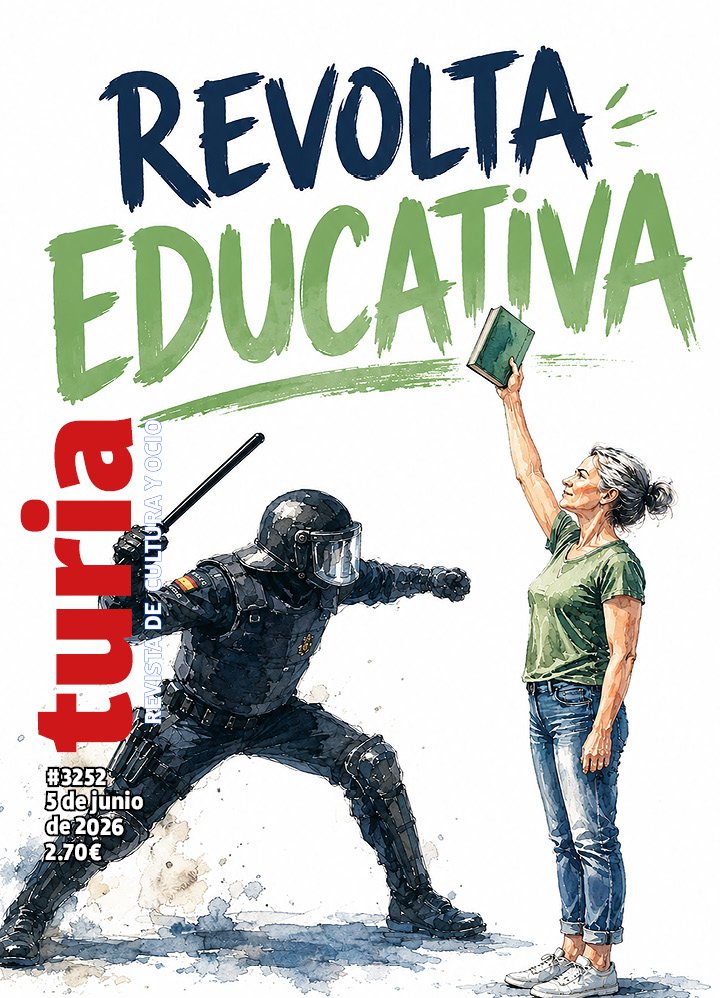 Magazine cover for Revolta Educativa depicting a riot police officer confronting a woman who raises a tablet in protest.