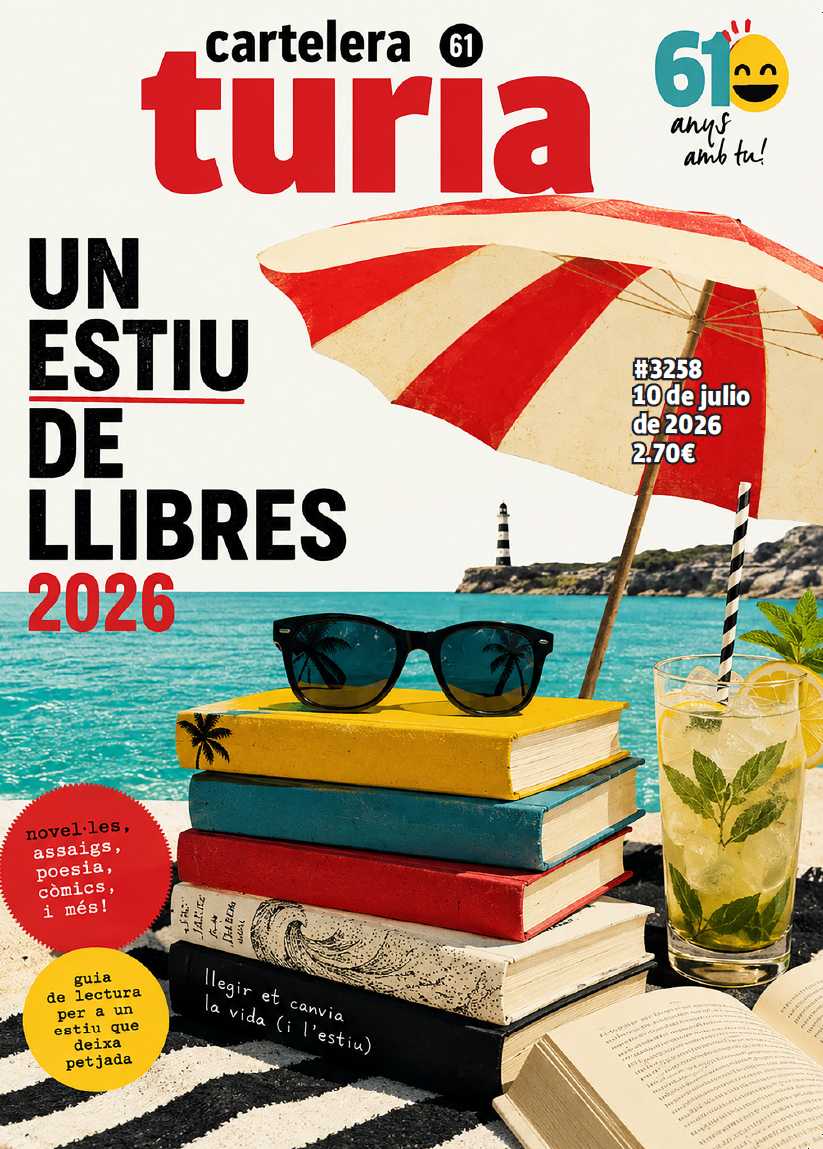 Magazine cover featuring a stack of colorful books with black sunglasses on top, a red-and-white striped beach umbrella, and a lemonade on the right; turquoise sea and a lighthouse in the background. Large bold text reads 'Un estiu de llibres 2026'.