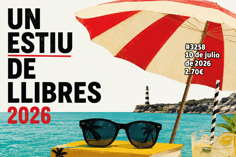 Poster for Un Estiu de Llibres 2026: beach scene with a red-striped umbrella, sunglasses on a yellow box, and a distant lighthouse.