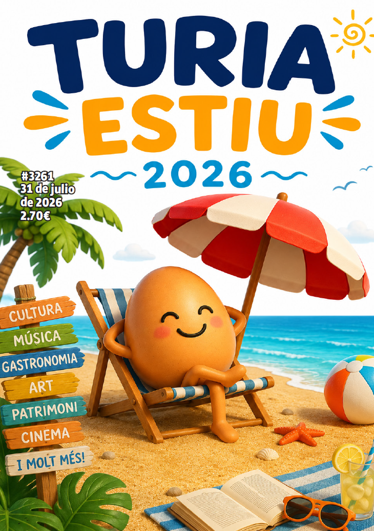 Colorful beach festival poster for Turia Estiu 2026 with a cheerful egg on a lounge chair by the sea, umbrella, signs for culture, music, gastronomy, art, cinema, and a sunny, playful vibe.