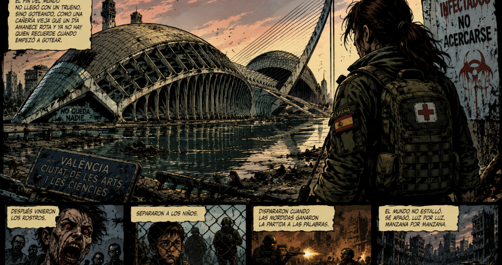 Soldier with a medical patch on backpack facing a ruined, waterlogged Valencia cityscape with futuristic domed buildings; a wall reads 'Infectados no acercarse' as debris and a damaged skyline stretch into the distance.