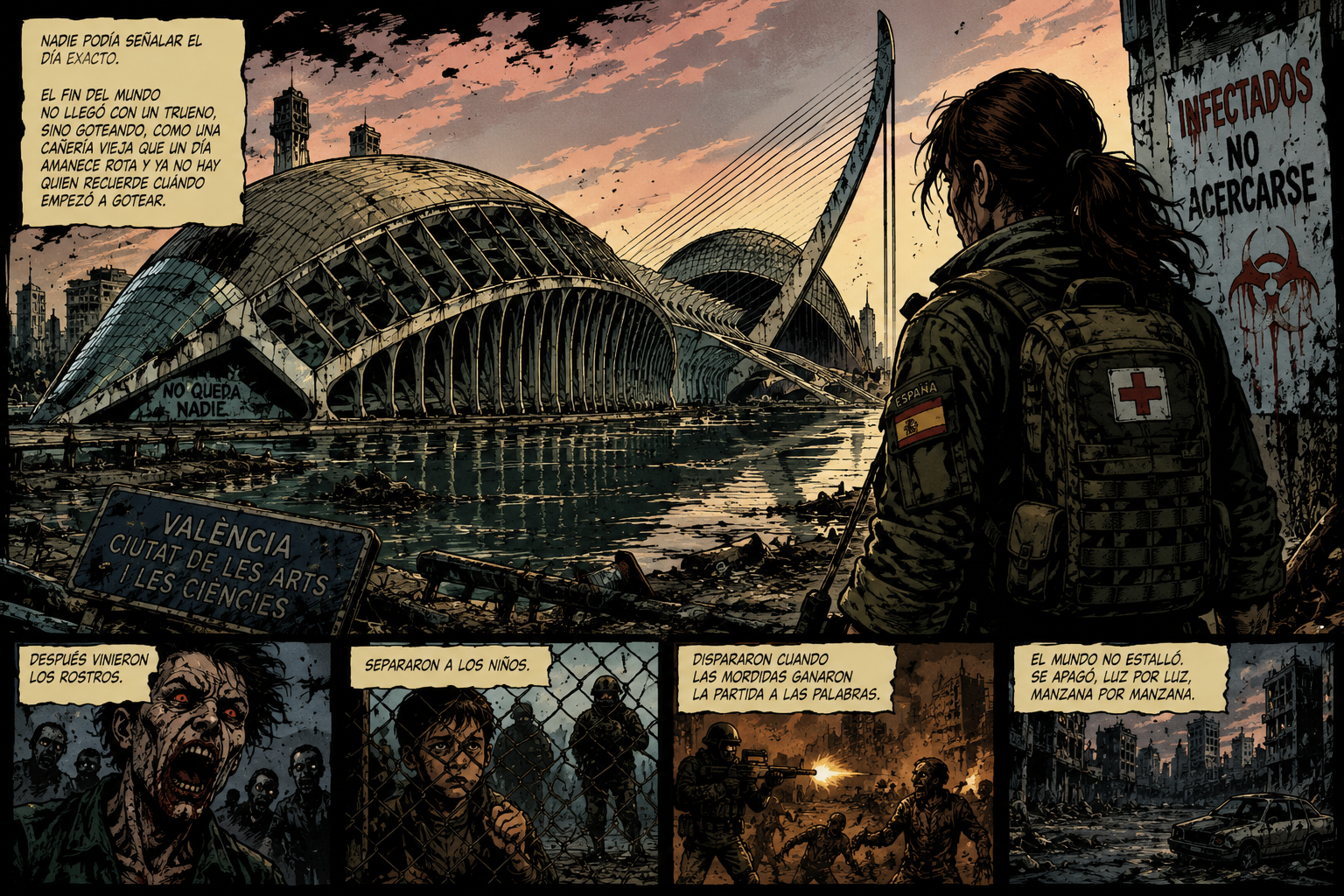 Soldier with a medical patch on backpack facing a ruined, waterlogged Valencia cityscape with futuristic domed buildings; a wall reads 'Infectados no acercarse' as debris and a damaged skyline stretch into the distance.