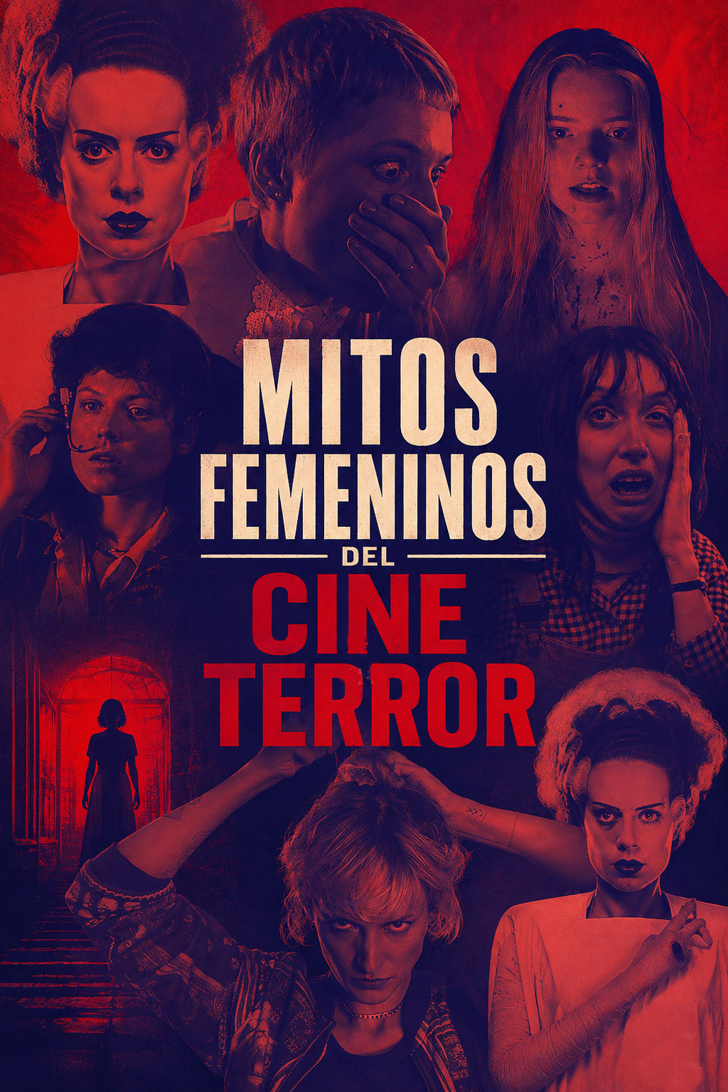 Poster for 'Mitos Femeninos del Cine Terror' showing a collage of female horror characters in red and blue tones with bold title text.