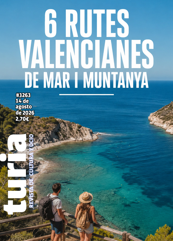 Poster promoting 6 Valencian sea-and-mountain routes, showing two hikers overlooking a turquoise bay.