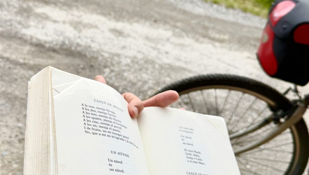 Person reads an open book on a bicycle or bike pannier, with a group on a bench and green hills in the background.