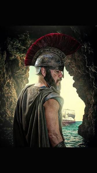 Ancient warrior with a metal helmet and red plume, standing in a cave and looking toward a sunlit sailing ship on the sea.